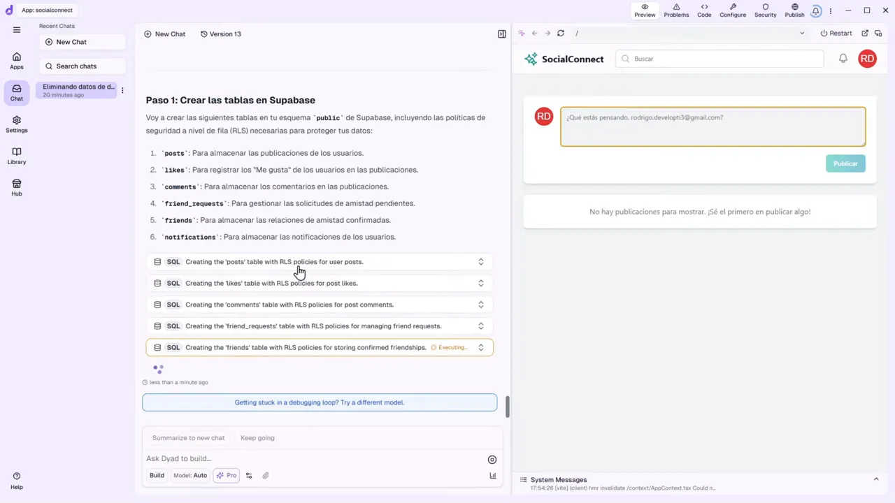 El Método GRATIS que Uso para Crear Apps Web: Google AI Studio + DYAD + Supabase 8 Panel de DYAD mostrando 'Paso 1: Crear las tablas en Supabase' con múltiples entradas SQL marcando la creación de tablas