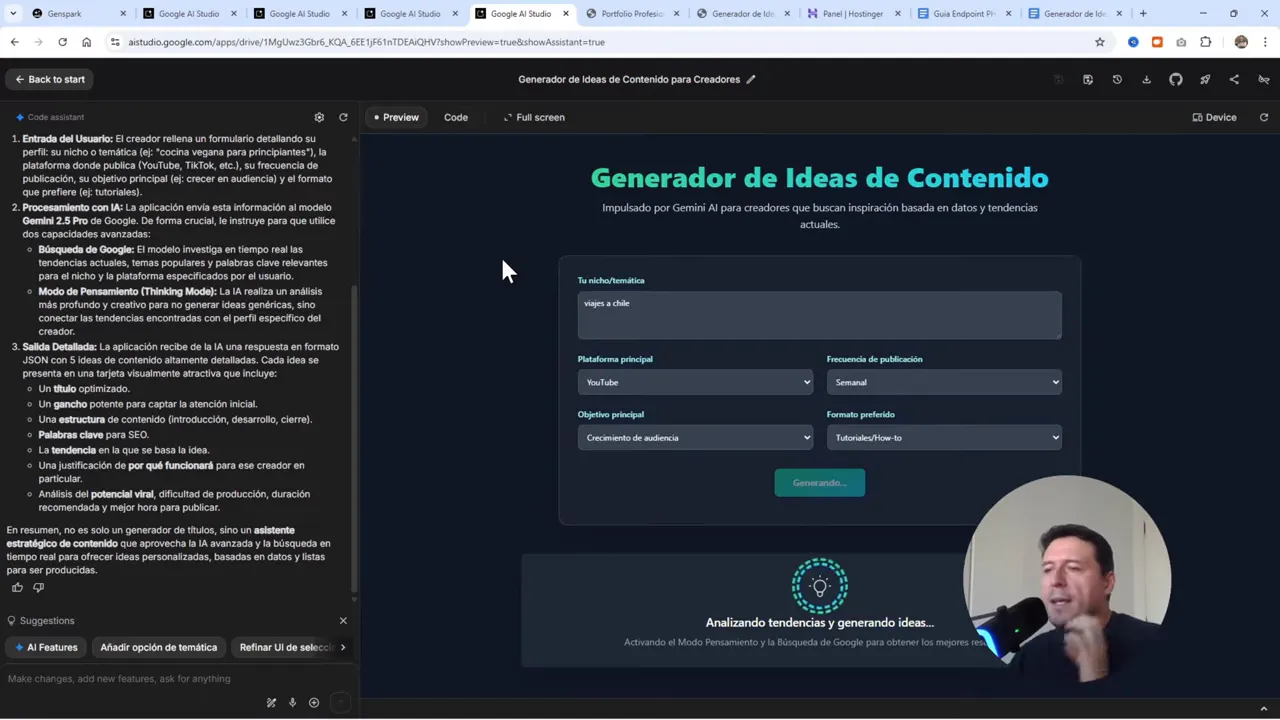 Cómo Publicar Apps de Google AI Studio en Hostinger - Tutorial Completo 3 Página de AI Studio generando una aplicación con 'Thinking Mode' y Google Search activado.