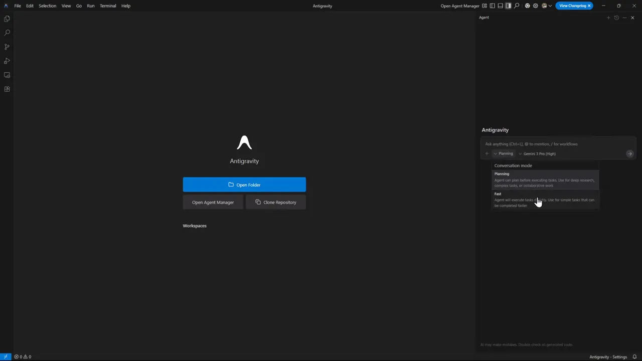 Google Antigravity: ¿El Matador de CURSOR? Lo Probé con Gemini 3 Pro - Guía Completa 3 Menú de conversación con opciones Planning y Fast en Antigravity