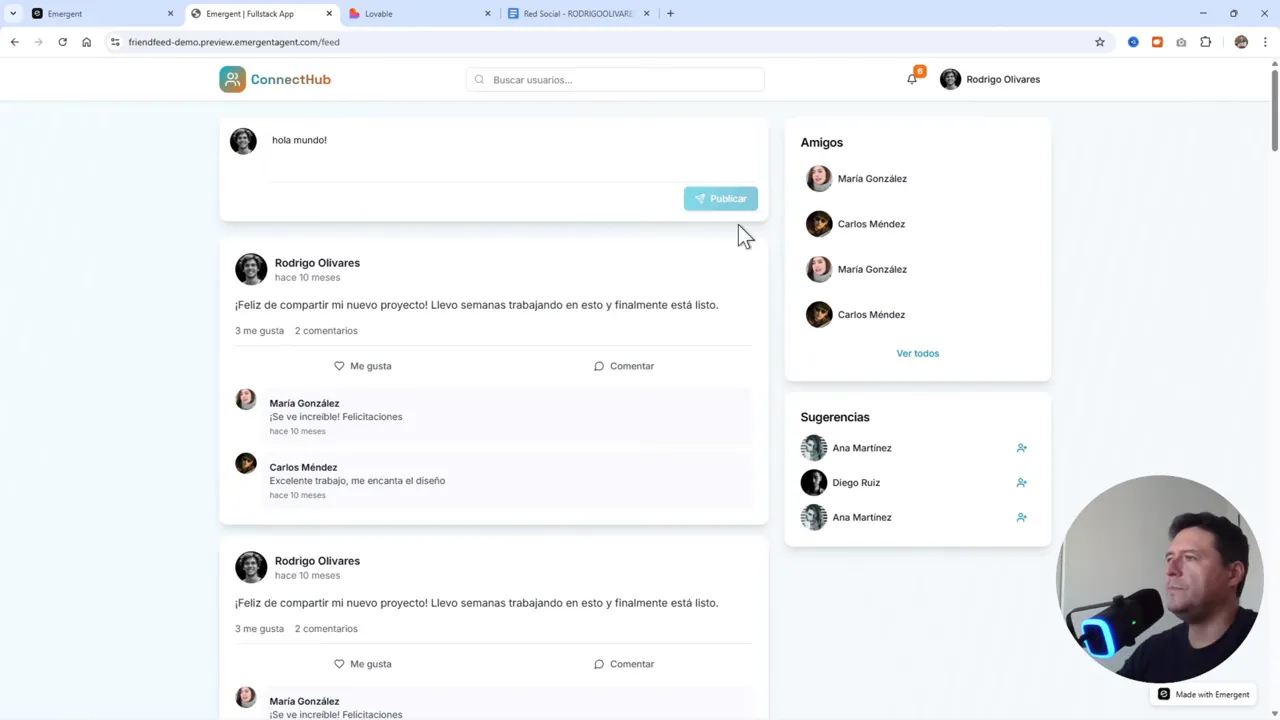 Emergent: Crea Apps con IA + Base de Datos en MINUTOS (Adiós Lovable?) 7 Interfaz de la red social creada, mostrando el feed y la posibilidad de publicar