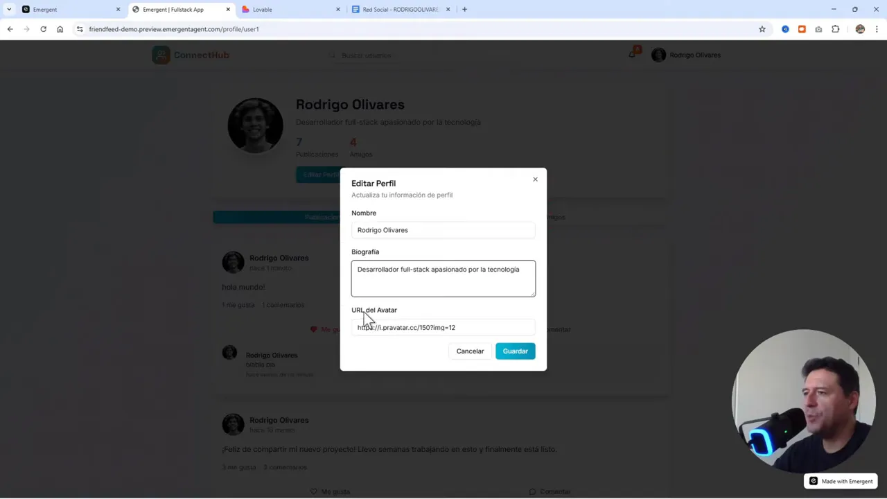 Emergent: Crea Apps con IA + Base de Datos en MINUTOS (Adiós Lovable?) 8 Página de edición de perfil con campo para URL de avatar y opción de subir imagen