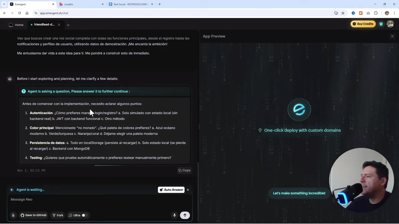 Emergent: Crea Apps con IA + Base de Datos en MINUTOS (Adiós Lovable?) 5 Emergent preguntando cómo manejar autenticación y persistencia de datos
