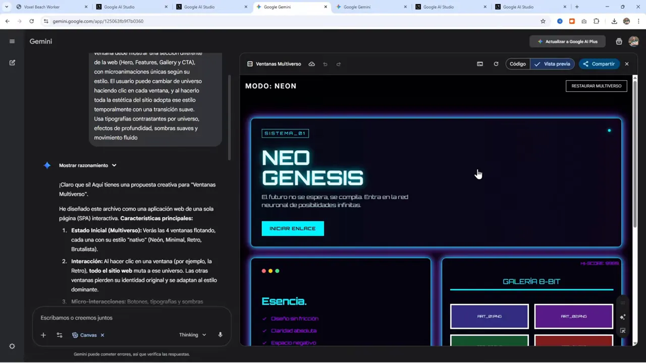 Por fin una IA que NO CREA WEBS GENÉRICAS - Gemini 3 Pro me SORPRENDIÓ 6 Captura del modo neon de la landing Ventanas Multiverso en Google AI Studio mostrando el hero 'NEO GENESIS' y paneles de galería.