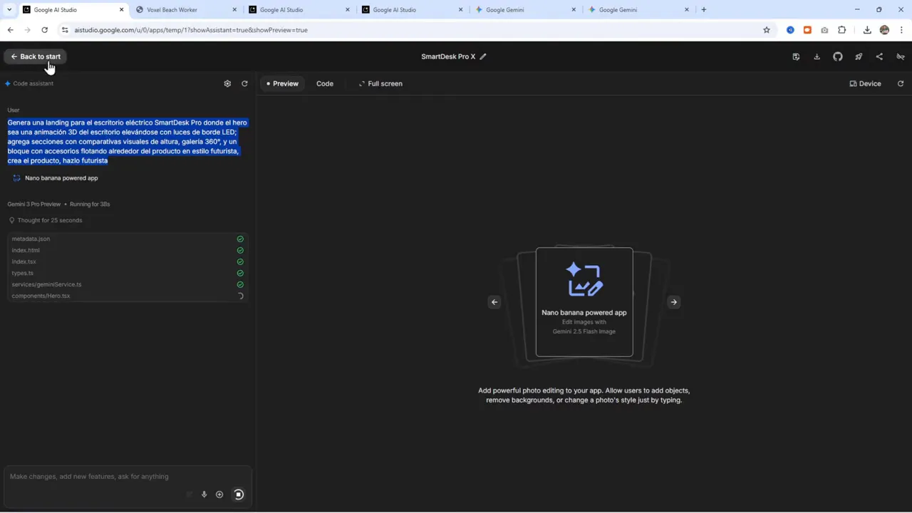 Por fin una IA que NO CREA WEBS GENÉRICAS - Gemini 3 Pro me SORPRENDIÓ 3 Interfaz de Google AI Studio mostrando la app 'Nano banana powered app', el centro de preview y la lista de archivos generados (metadata.json, index.html, etc.).