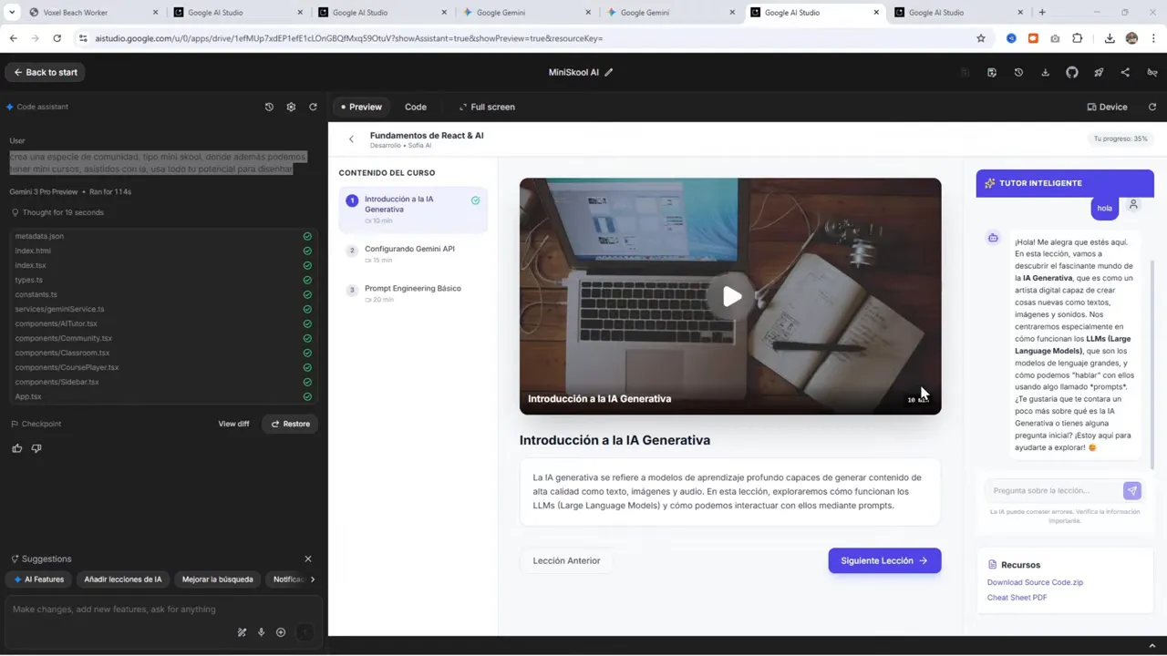 Por fin una IA que NO CREA WEBS GENÉRICAS - Gemini 3 Pro me SORPRENDIÓ 7 Captura nítida de MiniSkool AI mostrando el listado de lecciones, la lección con reproductor central y el panel del tutor con texto explicativo a la derecha.