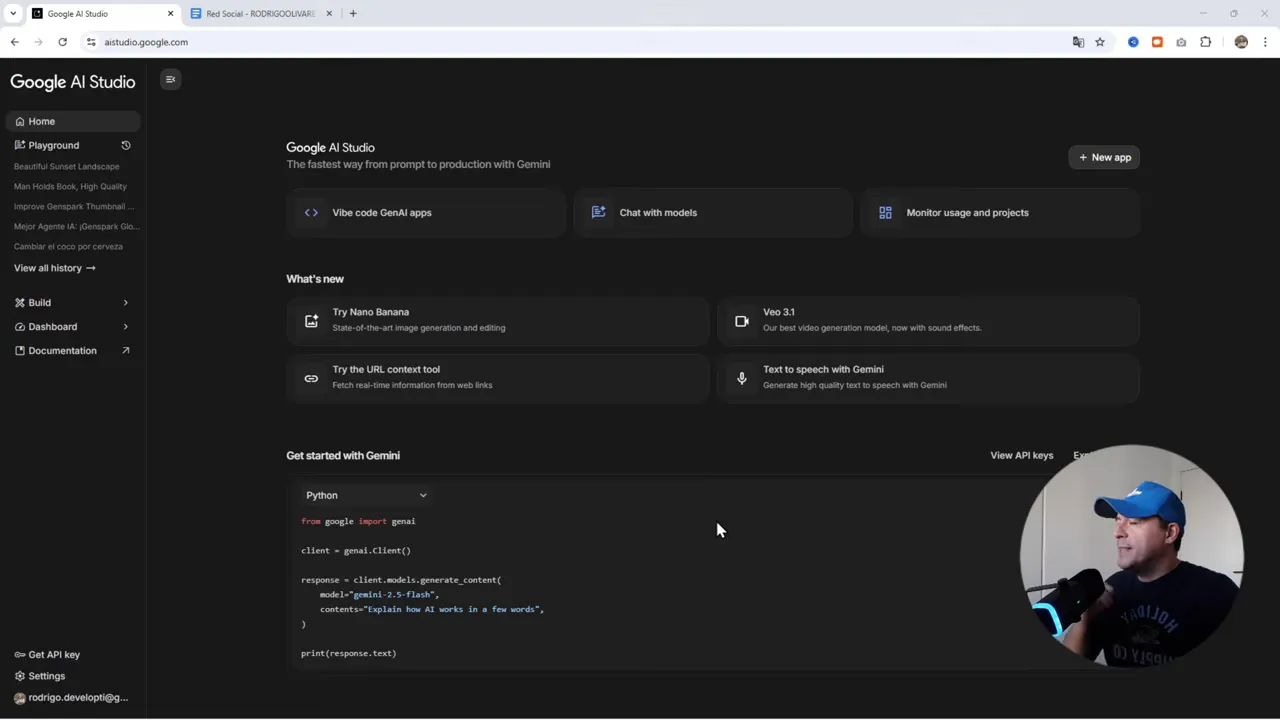 El Método GRATIS que Uso para Crear Apps Web: Google AI Studio + DYAD + Supabase 11 Interfaz principal de Google AI Studio mostrando la vista previa y un ejemplo de código