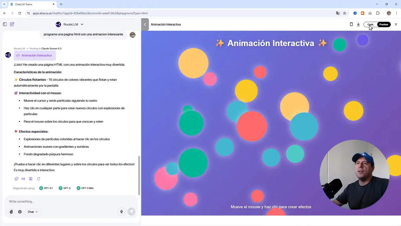 CANCELA tus Suscripciones! Todas las IAs por $10 en ChatLLM 9 Pantalla de ChatLLM con la demo 'Animación Interactiva' a la derecha y el panel de texto a la izquierda; en la parte inferior del panel se ven botones 'Regenerate using: GPT-4.1, GPT-5, GPT-5 Mini'.