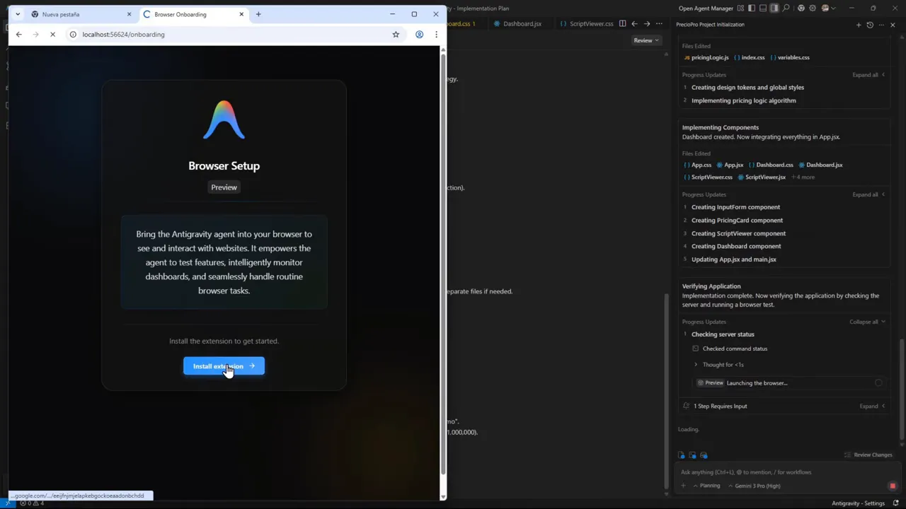 Google Antigravity: ¿El Matador de CURSOR? Lo Probé con Gemini 3 Pro - Guía Completa 4 Pantalla de 'Browser Setup' con botón 'Install extension' para habilitar interacción con el navegador