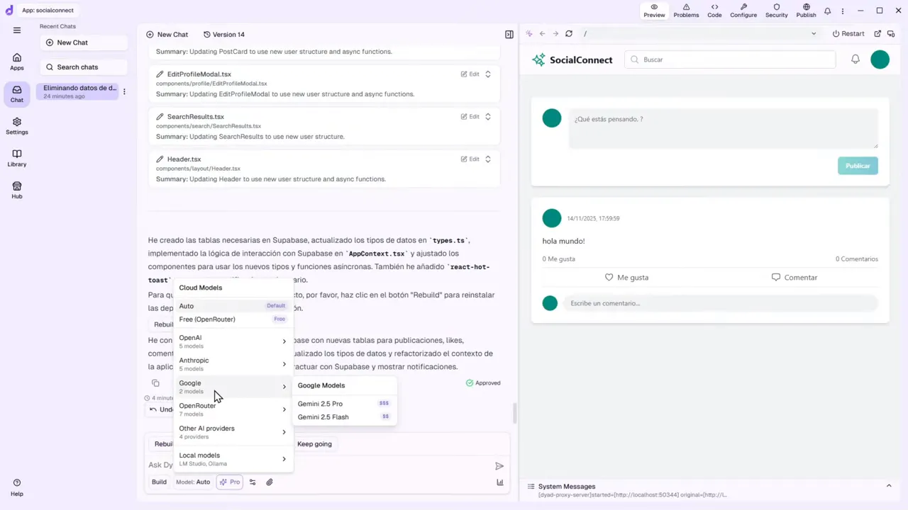 El Método GRATIS que Uso para Crear Apps Web: Google AI Studio + DYAD + Supabase 10 Menú 'Cloud Models' en DYAD abierto con el submenú 'Google Models' visible y opciones 'Gemini 2.5 Pro' y 'Gemini 2.5 Flash'.