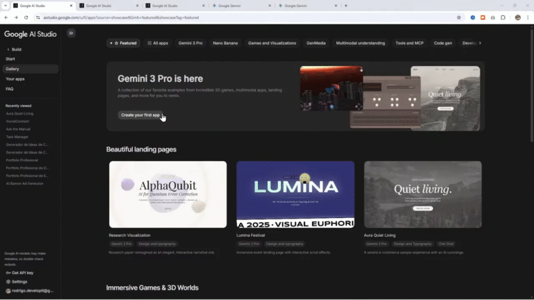 Interfaz de Google AI Studio mostrando el banner 'Gemini 3 Pro is here' y miniaturas de landing pages en la galería.