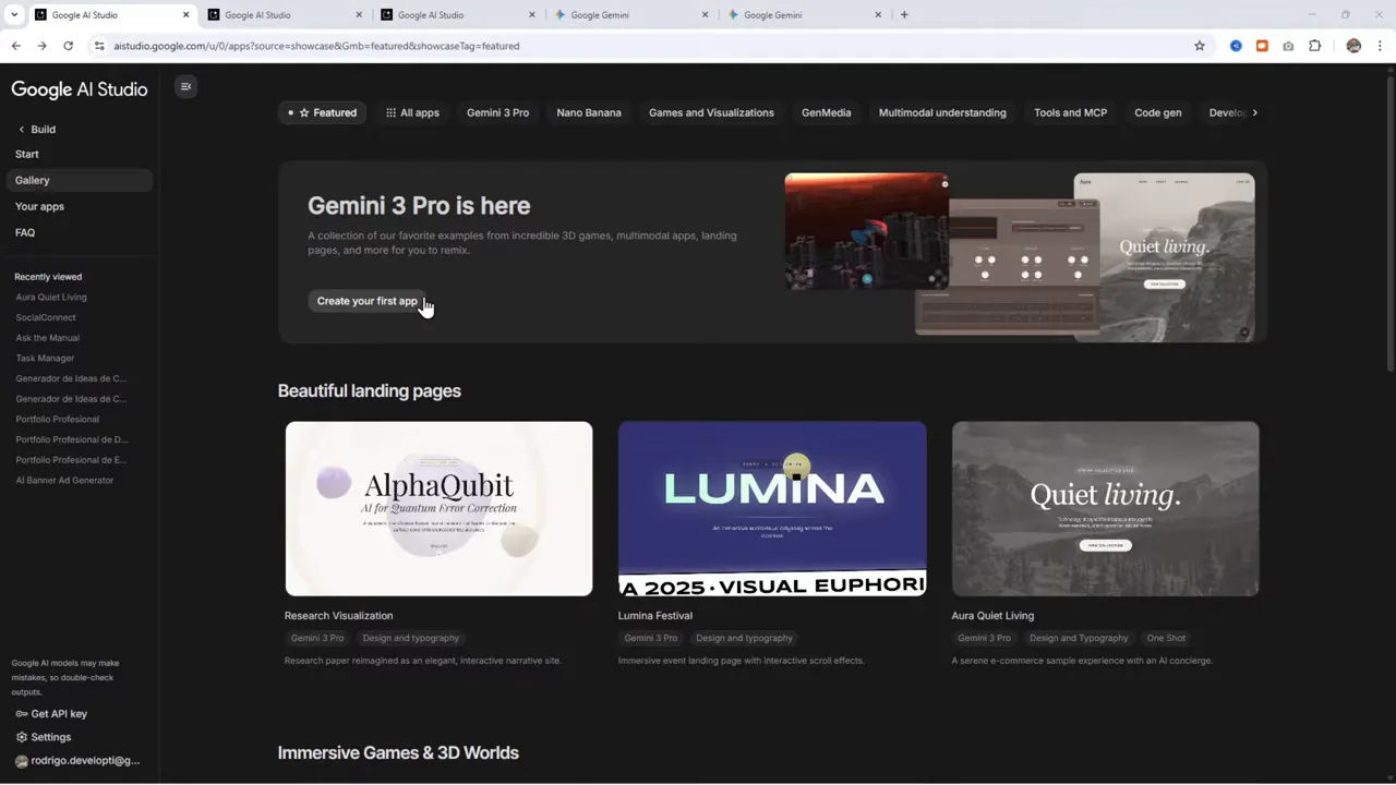 Por fin una IA que NO CREA WEBS GENÉRICAS - Gemini 3 Pro me SORPRENDIÓ 2 Interfaz de Google AI Studio mostrando el banner 'Gemini 3 Pro is here' y miniaturas de landing pages en la galería.