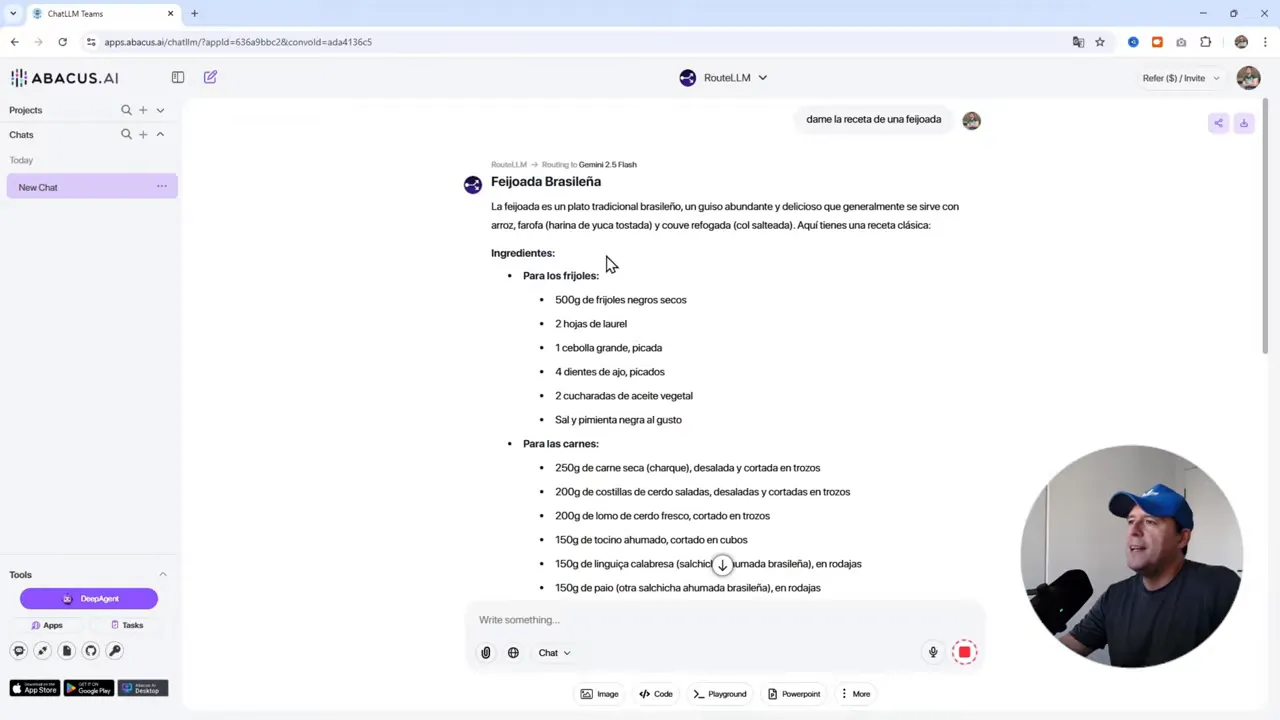 CANCELA tus Suscripciones! Todas las IAs por $10 en ChatLLM 4 Interfaz de ChatLLM mostrando la respuesta completa 'Feijoada Brasileña' con ingredientes listados y recuadro del presentador