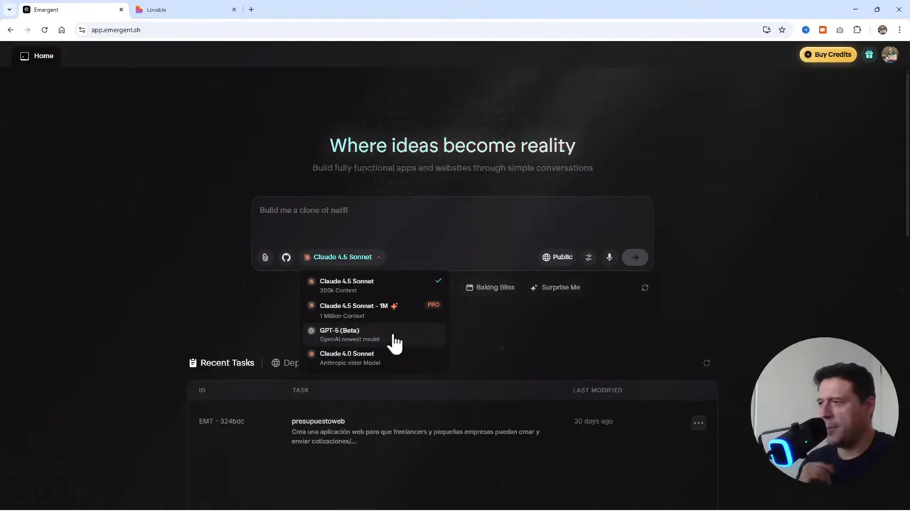 Emergent: Crea Apps con IA + Base de Datos en MINUTOS (Adiós Lovable?) 3 Selección de modelos en Emergent, mostrando Cloth 4.5 Sonnet y opciones