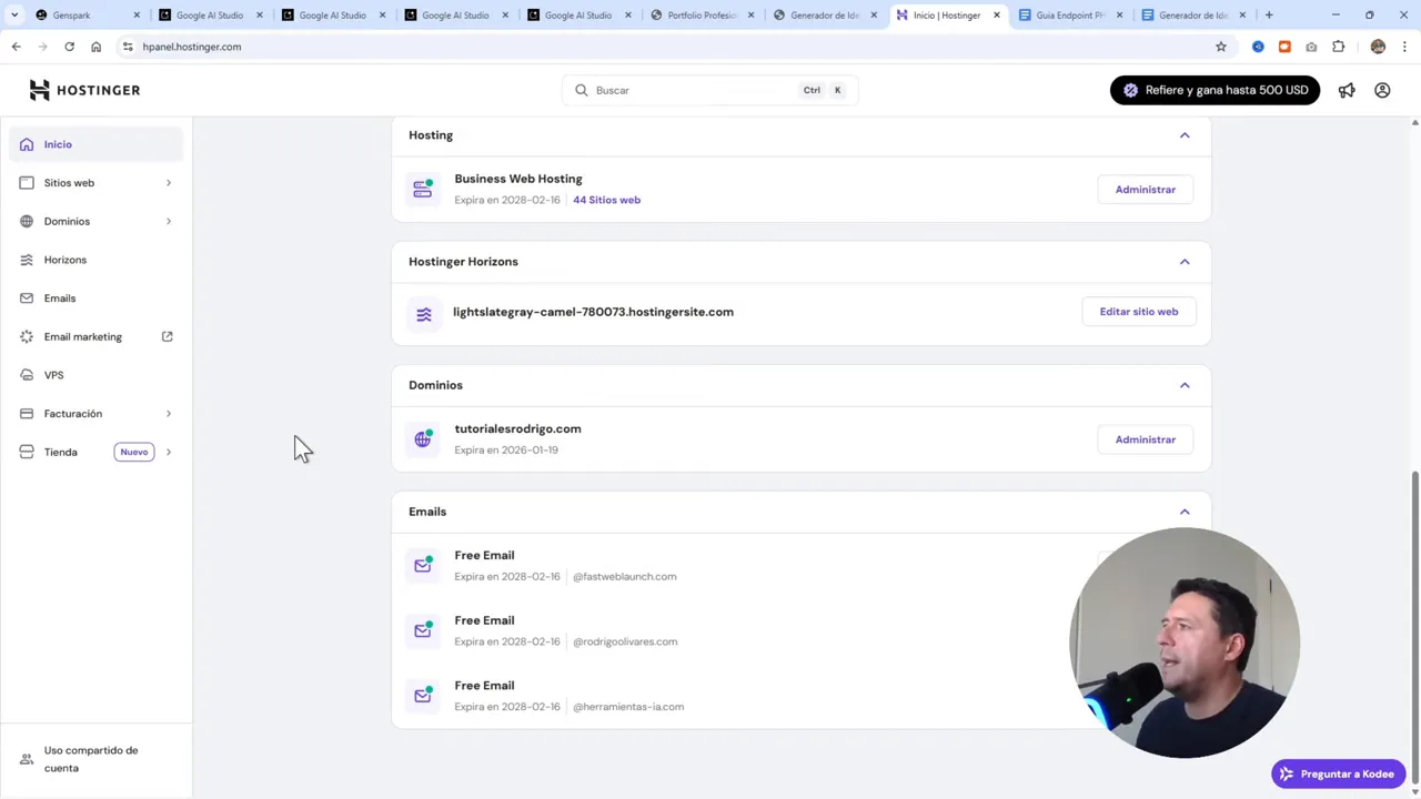 Cómo Publicar Apps de Google AI Studio en Hostinger - Tutorial Completo 4 Panel de Hostinger: sección 'Sitios web' y 'Añadir sitio web' para usar dominio temporal.