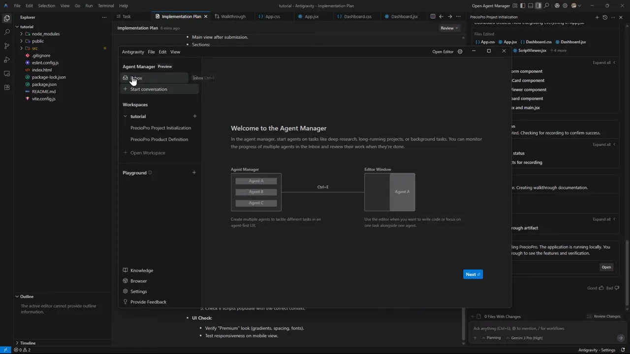 Google Antigravity: ¿El Matador de CURSOR? Lo Probé con Gemini 3 Pro - Guía Completa 5 Agent Manager inbox con opción 'Start conversation' visible en Antigravity