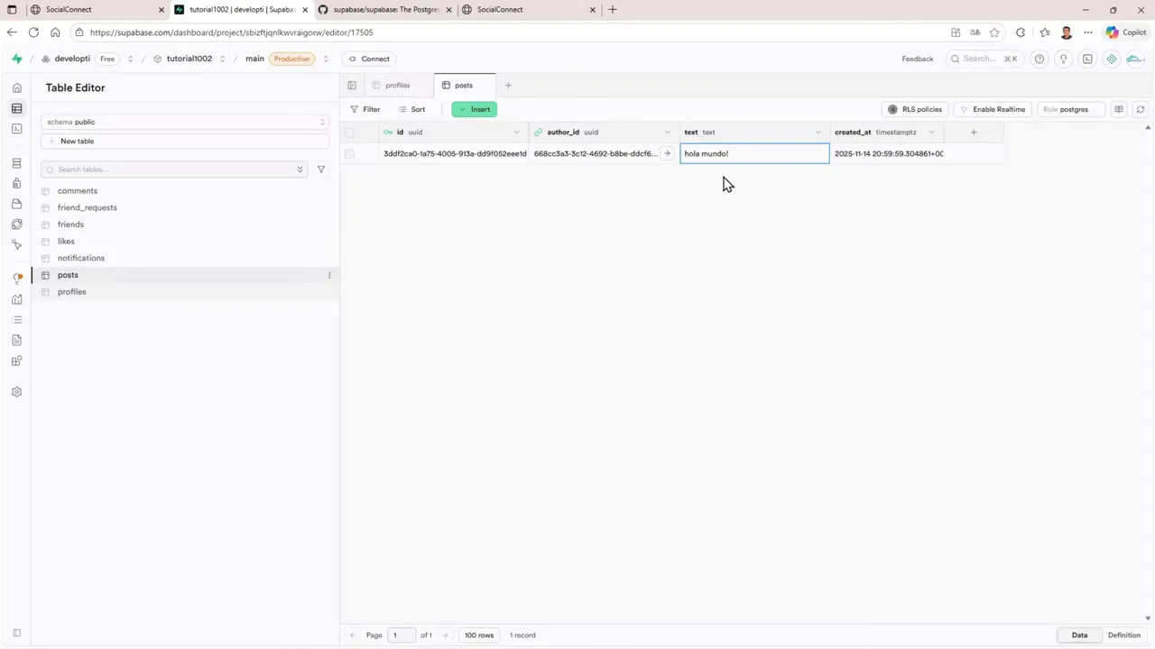 El Método GRATIS que Uso para Crear Apps Web: Google AI Studio + DYAD + Supabase 9 Editor de tabla de Supabase mostrando un registro con el texto 'hola mundo!' en la tabla posts
