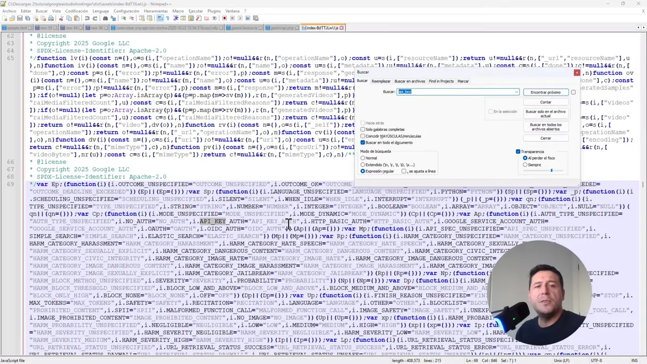 Cómo Publicar Apps de Google AI Studio en Hostinger - Tutorial Completo 9 Archivo JavaScript en el que se puede ver la API Key expuesta si se coloca allí.
