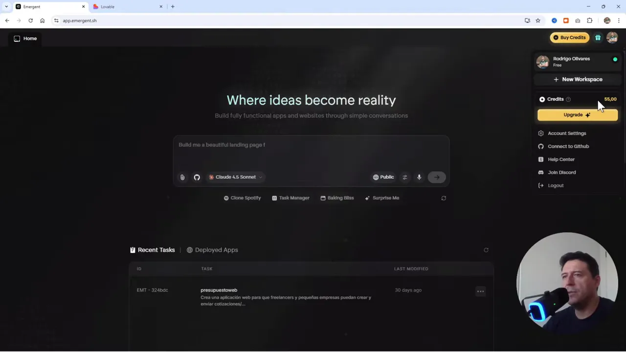 Emergent: Crea Apps con IA + Base de Datos en MINUTOS (Adiós Lovable?) 2 Interfaz principal de Emergent mostrando créditos y modo oscuro