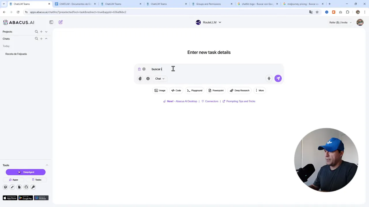 CANCELA tus Suscripciones! Todas las IAs por $10 en ChatLLM 7 Formulario 'Enter new task details' en Abacus AI mostrando campo de texto y botones de opciones