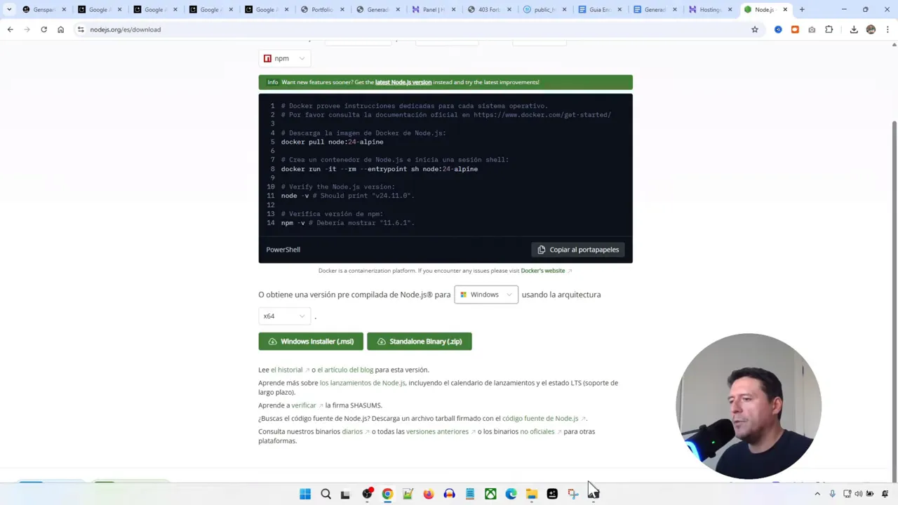 Cómo Publicar Apps de Google AI Studio en Hostinger - Tutorial Completo 7 Página de Node.js con opción 'Get Node' y 'Windows Installer' para descargar.