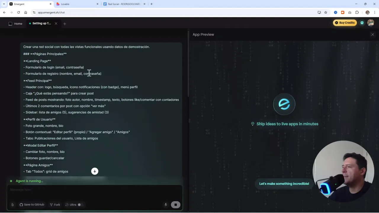 Emergent: Crea Apps con IA + Base de Datos en MINUTOS (Adiós Lovable?) 4 Ejecución del prompt inicial en Emergent, interfaz estilo 'Matrix'.
