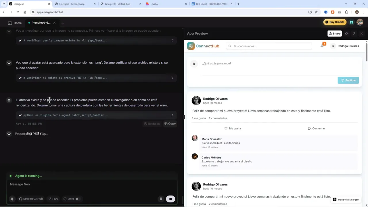 Emergent: Crea Apps con IA + Base de Datos en MINUTOS (Adiós Lovable?) 9 Proceso de subida de imagen de perfil y verificación por el agente