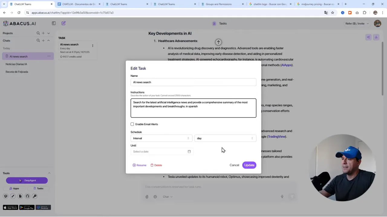 CANCELA tus Suscripciones! Todas las IAs por $10 en ChatLLM 8 Modal 'Edit Task' en ChatLLM con campos para nombre, instrucciones y programación por intervalo