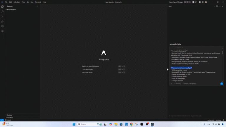 Cómo Creo Webs PHP con Gemini 3 Pro y Google Antigravity + Publicación Automática en Hostinger 25 Interfaz Antigravity con el panel del agente resaltando el apartado 'Procesamiento (procesar.php)'