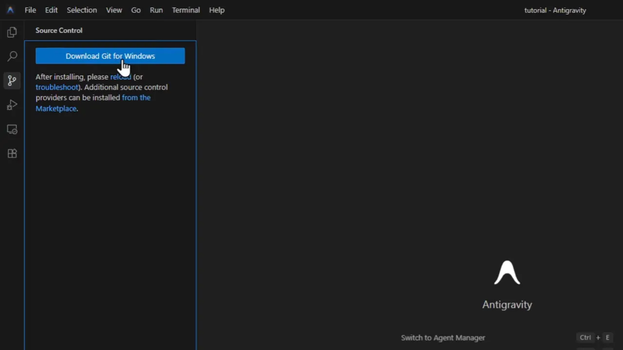 Cómo Hacer Deploy de tu App Web desde Google Antigravity (Gratis) 1 Panel Source Control en Antigravity con el botón Download Git for Windows