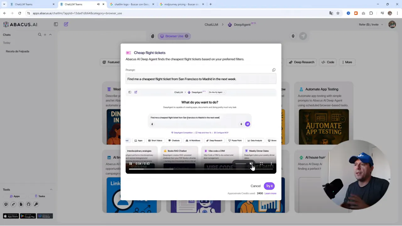 CANCELA tus Suscripciones! Todas las IAs por $10 en ChatLLM 5 Modal de Deep Agent con prompt para buscar vuelos baratos y reproductor en reproducción dentro de Abacus.ai
