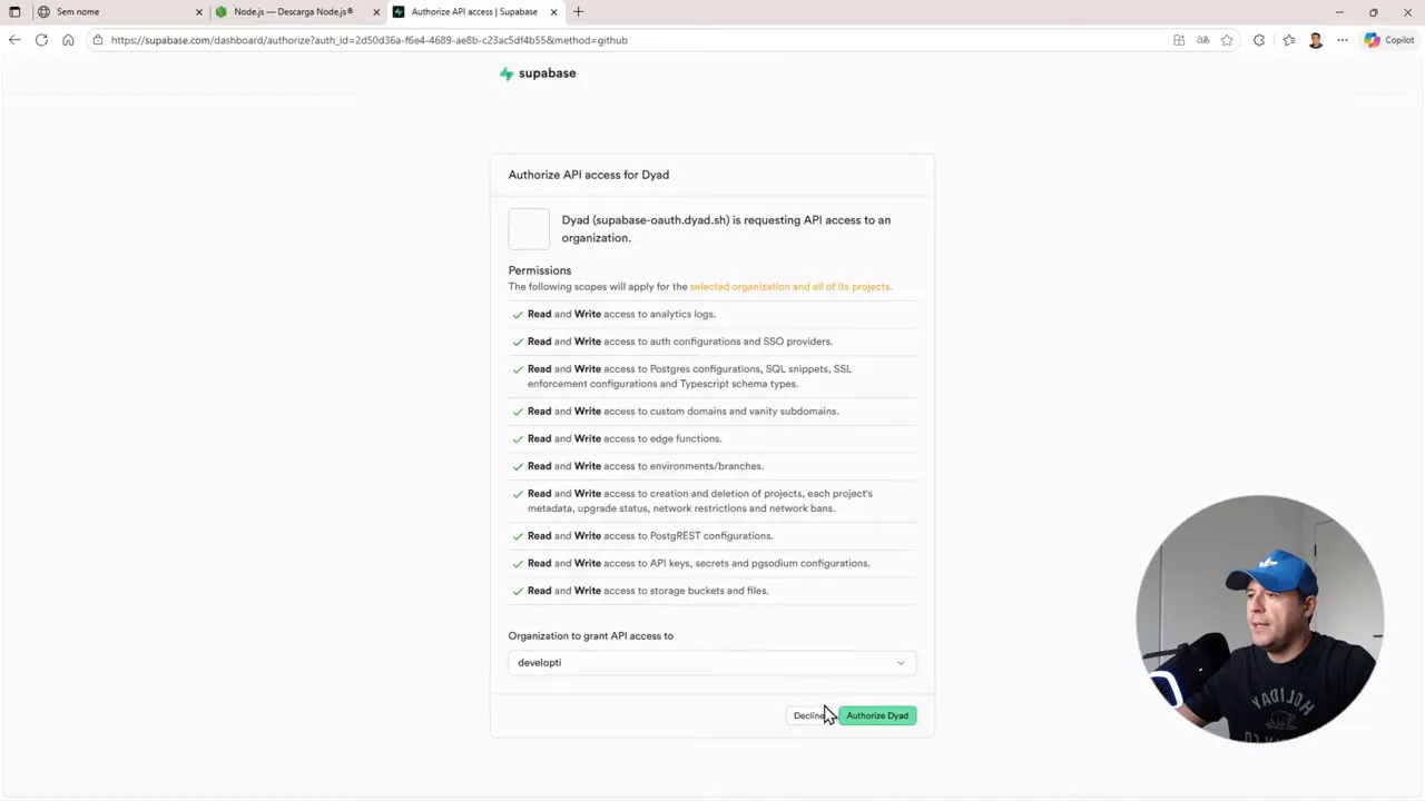 El Método GRATIS que Uso para Crear Apps Web: Google AI Studio + DYAD + Supabase 5 Pantalla de Supabase para autorizar acceso API a Dyad con la lista de permisos y el botón 'Authorize Dyad' resaltado, lista para confirmar la vinculación.