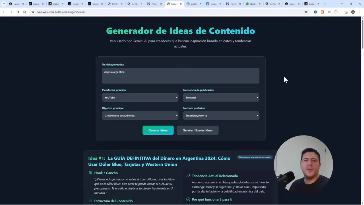 Cómo Publicar Apps de Google AI Studio en Hostinger - Tutorial Completo 14 Interfaz de la app en Hostinger generando ideas exitosamente tras configurar el endpoint.