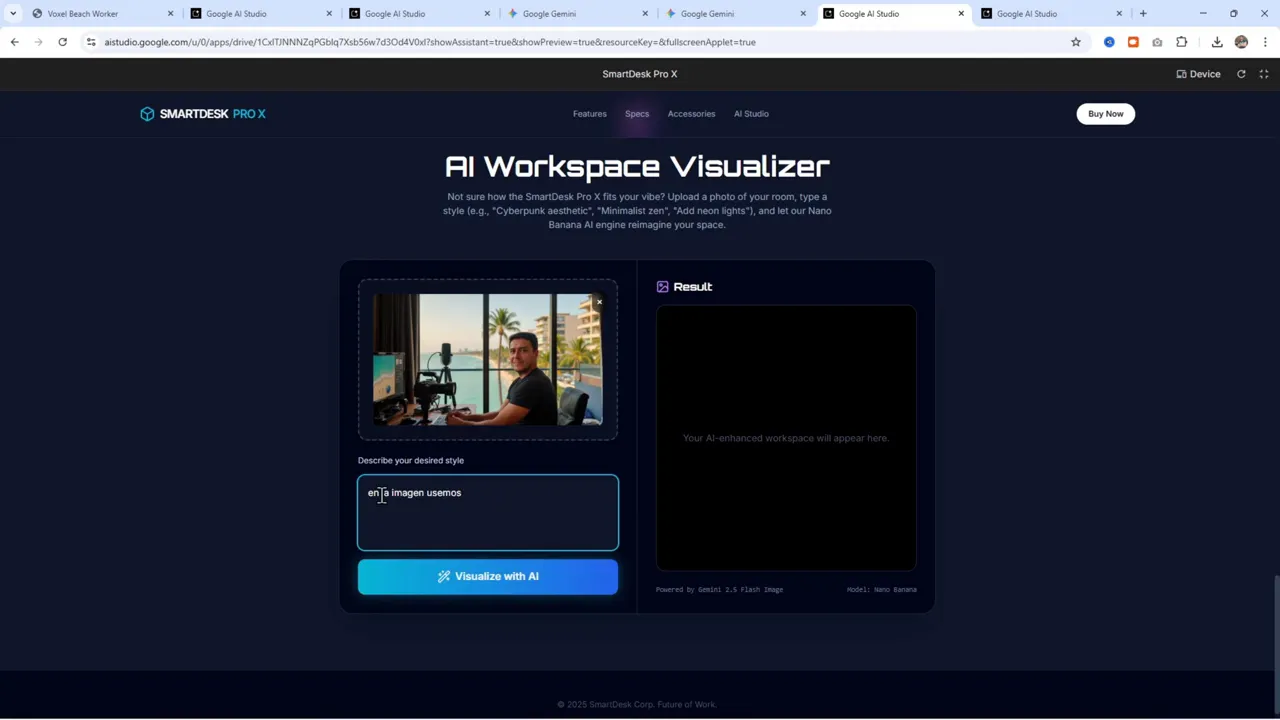 Por fin una IA que NO CREA WEBS GENÉRICAS - Gemini 3 Pro me SORPRENDIÓ 4 Interfaz del Visualizador AI con imagen cargada y el texto del prompt escrito en el campo 'Describe your desired style', botón 'Visualize with AI' resaltado.