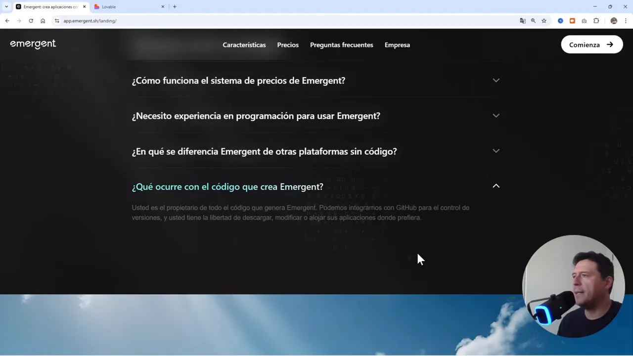 Emergent: Crea Apps con IA + Base de Datos en MINUTOS (Adiós Lovable?) 10 Mensaje sobre la propiedad del código y la integración con GitHub
