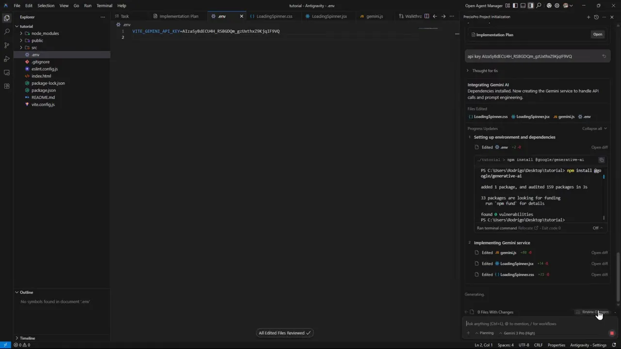 Google Antigravity: ¿El Matador de CURSOR? Lo Probé con Gemini 3 Pro - Guía Completa 9 Editor de Antigravity mostrando el archivo .env con la variable VITE_GEMINI_API_KEY y el panel del Agent Manager a la derecha