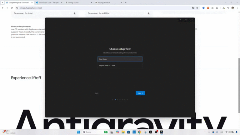 Pantalla de configuración inicial de Antigravity con opciones 'Start fresh' e 'Import from VS Code'