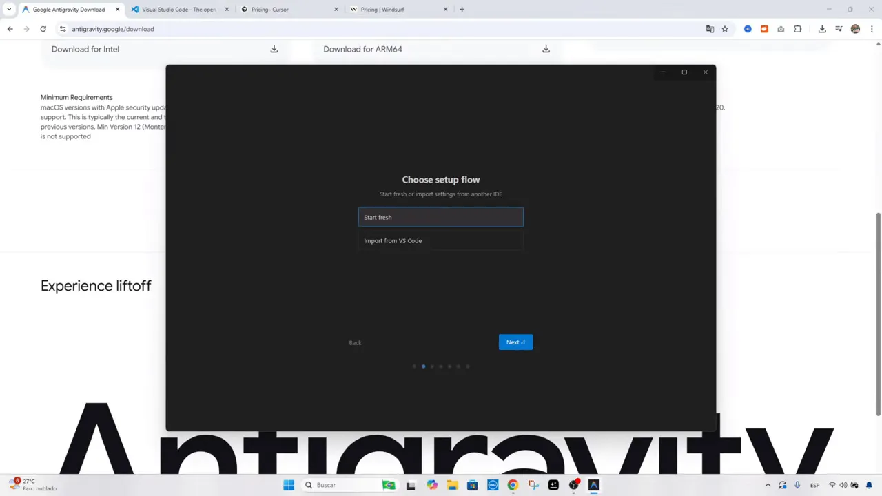 Google Antigravity: ¿El Matador de CURSOR? Lo Probé con Gemini 3 Pro - Guía Completa 2 Pantalla de configuración inicial de Antigravity con opciones 'Start fresh' e 'Import from VS Code'
