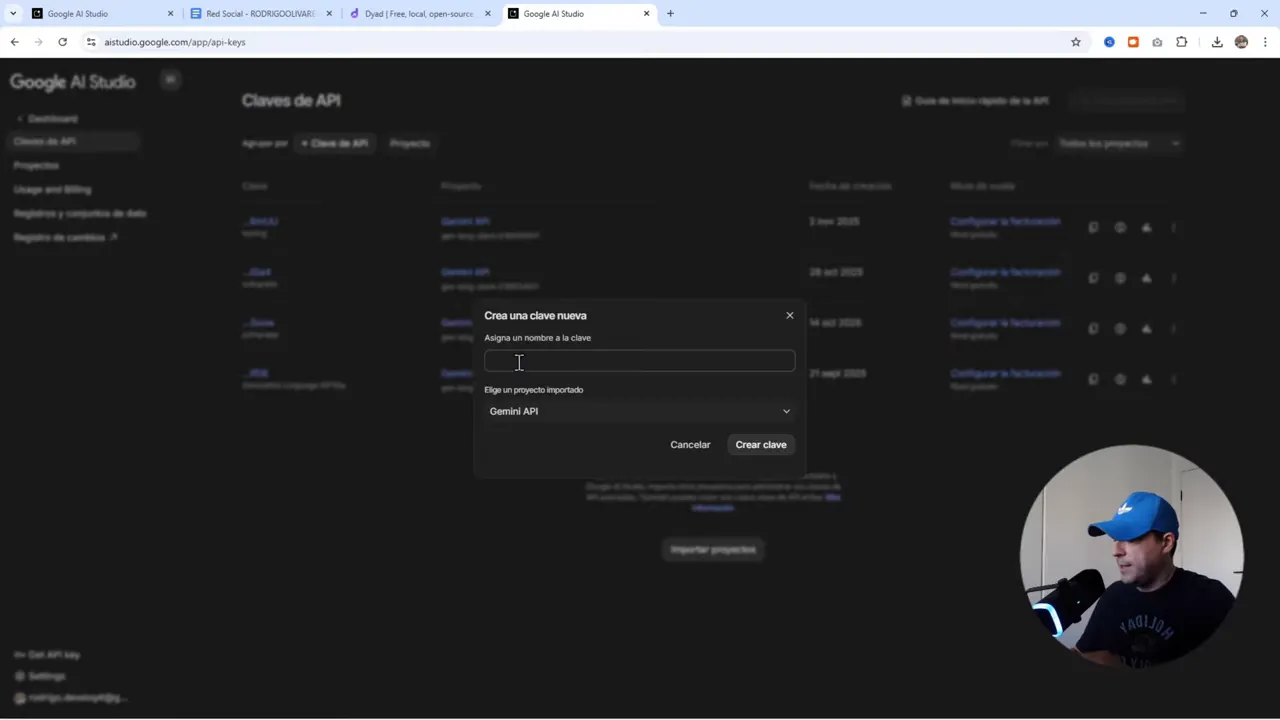 El Método GRATIS que Uso para Crear Apps Web: Google AI Studio + DYAD + Supabase 2 Interfaz de Google AI Studio mostrando el cuadro modal 'Crea una clave nueva' para la API Gemini