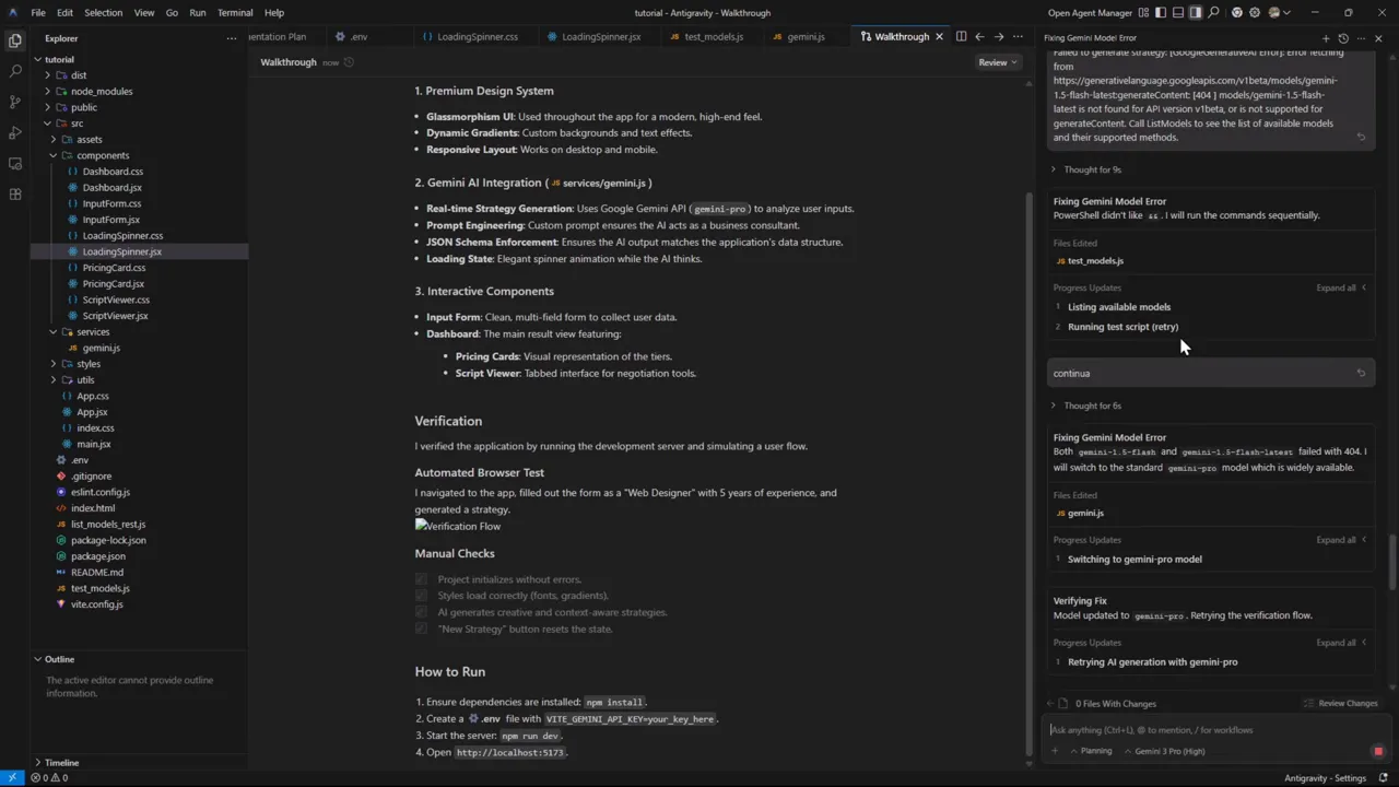 Google Antigravity: ¿El Matador de CURSOR? Lo Probé con Gemini 3 Pro - Guía Completa 7 Agent Manager de Antigravity mostrando 'Listing available models' y mensajes de reintento tras un error con Gemini (logs y progreso visibles).