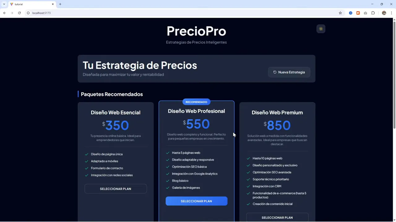 Google Antigravity: ¿El Matador de CURSOR? Lo Probé con Gemini 3 Pro - Guía Completa 10 Pantalla 'Tu Estrategia de Precios' en PrecioPro mostrando tres tarjetas de planes recomendados (Esencial, Profesional, Premium)