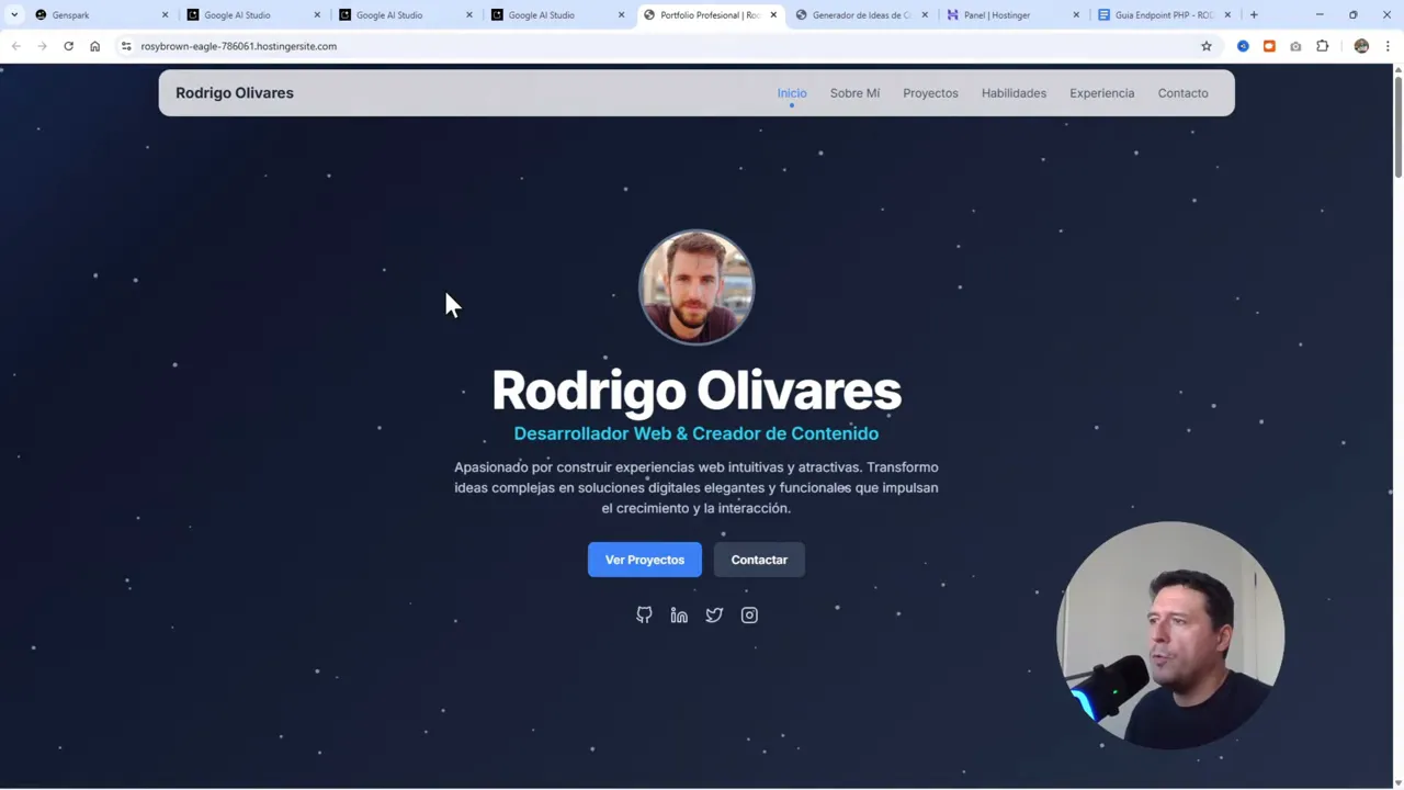 Cómo Publicar Apps de Google AI Studio en Hostinger - Tutorial Completo 5 Ejemplo de portafolio generado automáticamente: diseño responsive creado con un solo prompt.