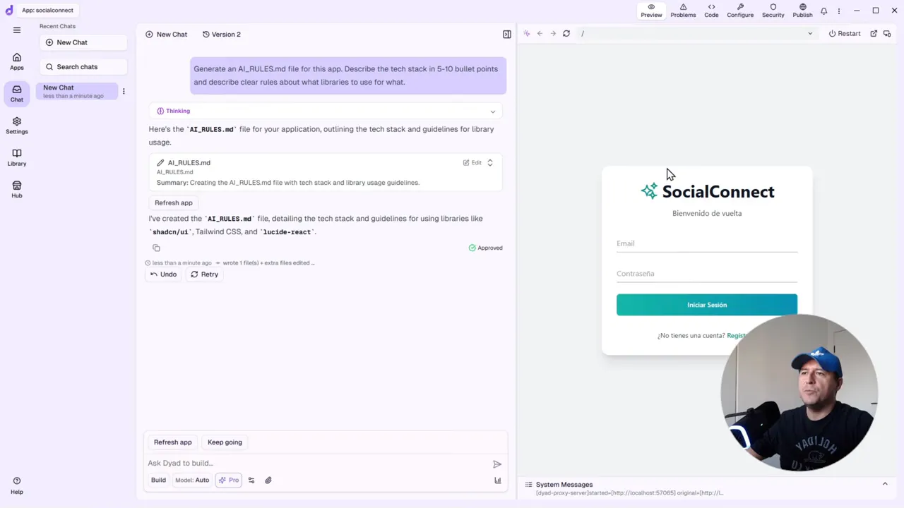 El Método GRATIS que Uso para Crear Apps Web: Google AI Studio + DYAD + Supabase 3 Interfaz de DYAD mostrando el panel de chat a la izquierda y la vista previa del login de la app SocialConnect a la derecha