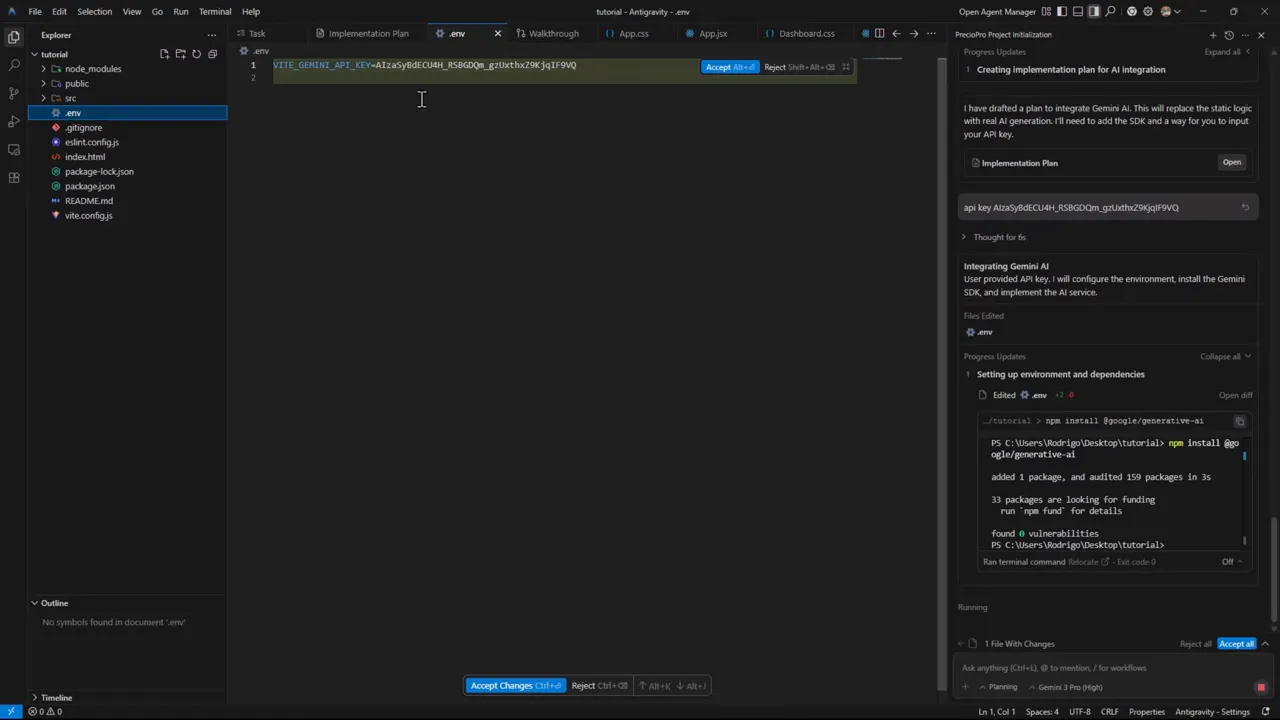 Google Antigravity: ¿El Matador de CURSOR? Lo Probé con Gemini 3 Pro - Guía Completa 6 Archivo .env abierto en Antigravity con la variable de entorno para la API de Gemini lista para aceptar