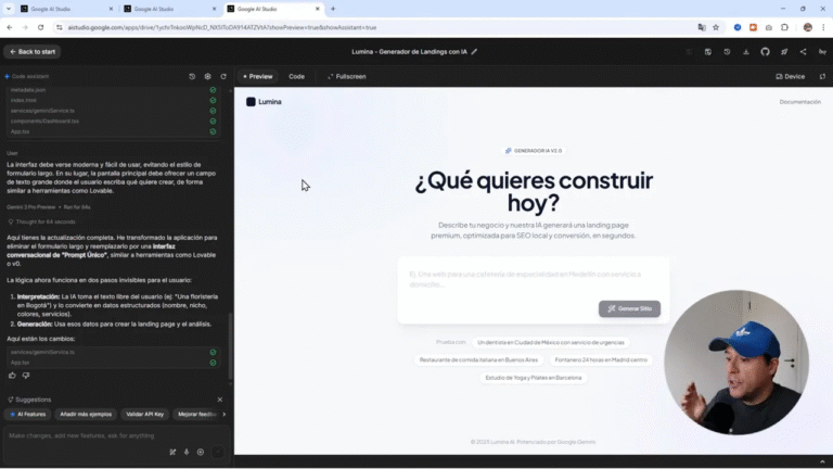 Crea tu Idea de App en Google AI Studio y Complétala en Antigravity - Tutorial Completo 37 Captura de Google AI Studio con la página principal '¿Qué quieres construir hoy?', cuadro de generación y panel de asistente a la izquierda