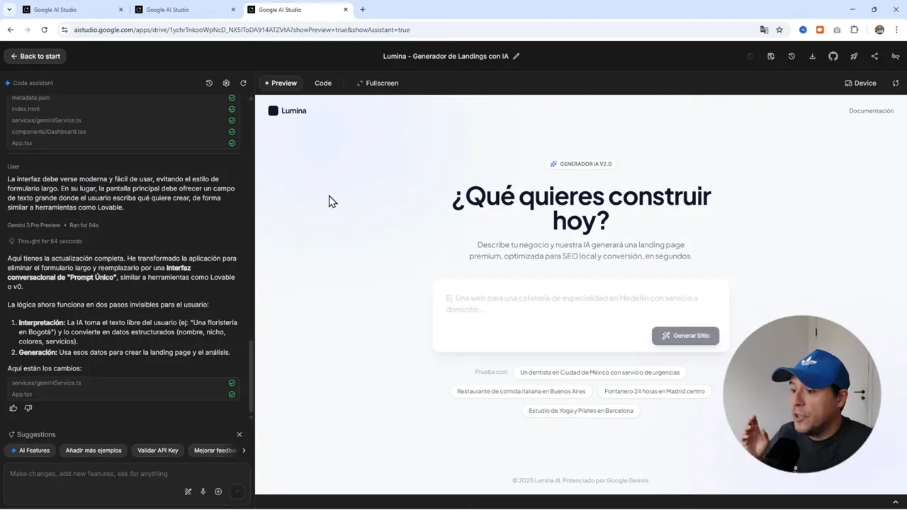 Captura de Google AI Studio con la página principal '¿Qué quieres construir hoy?', cuadro de generación y panel de asistente a la izquierda