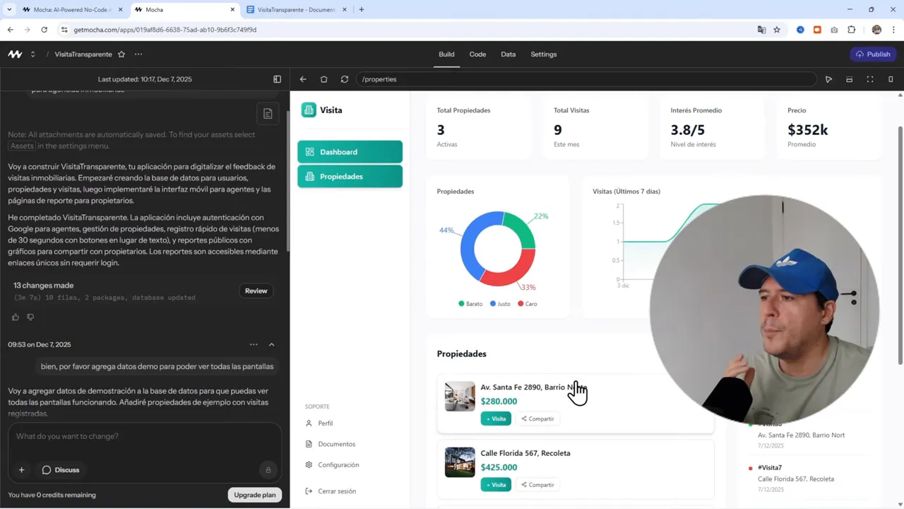 Dashboard de la app Visita Transparente mostrando total de propiedades, visitas, gráfico de distribución y lista de propiedades