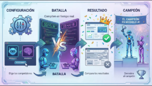 Infografía limpia que explica la arena de modelos: configuracion, batalla en paralelo, comparacion de resultados y anuncio del campeón