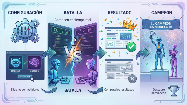 Creé una App donde las IAs compiten y GEMINI decide quien gana (AI Studio + OpenRouter + Hostinger) 1 Infografía limpia que explica la arena de modelos: configuracion, batalla en paralelo, comparacion de resultados y anuncio del campeón