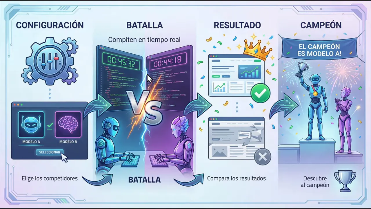 Creé una App donde las IAs compiten y GEMINI decide quien gana (AI Studio + OpenRouter + Hostinger) 1 Infografía limpia que explica la arena de modelos: configuracion, batalla en paralelo, comparacion de resultados y anuncio del campeón