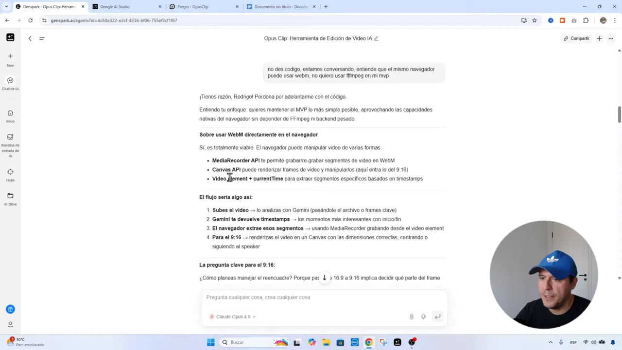 Captura de pantalla mostrando instrucciones sobre usar WebM en el navegador y pasos del flujo con ventana de video en círculo